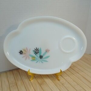 Vintage Federal Glass Atomic Starburst Milk Glass Snack Plate MCM Kidney Shape